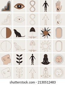 Set of Mystical Icons and Symbols in Vector. A collection of Celestial Elements featuring eye, sun,  hand, serpent, mushroom and more.