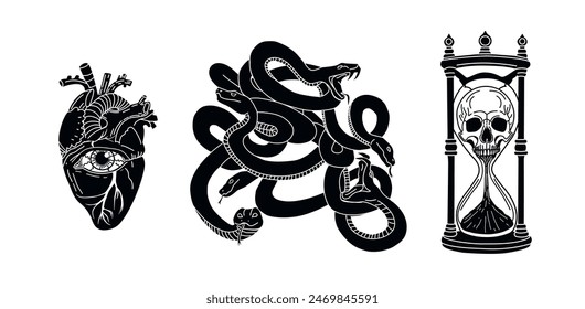 Eine Reihe von mystischen Illustrationen. Totenkopf und Zeit. Auge im Herzen. Verwickelte Schlangen. Flaches Design. Vektorgrafik-Grafiken. Gotisches Thema. Mystisches Logo. Schwarze Silhouette. Gothic-Print