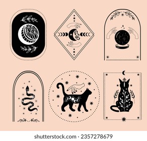 Set of mystical illustrations, witchy hands, moon, black cat, snake and magic crystal ball, witchcraft symbol, witchy esoteric objects