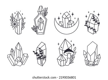 Set of Mystical line art esoteric crystals, gem stones, diamonds, jewelry minimalist print. Boho astrology hand draw illustration. Magic doddle for T-shirts and bags, tatoo decor element