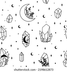 Set of Mystical line art esoteric crystals, gem stones, diamonds, jewelry minimalist seamless pattern. Boho astrology hand draw illustration. Magic doddle for T-shirts and bags, tatoo decor element