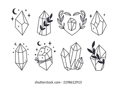 Set of Mystical line art esoteric crystals, gem stones, diamonds, jewelry minimalist print. Boho astrology hand draw illustration. Magic doddle for T-shirts and bags, tatoo decor element