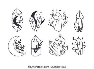 Conjunto de líneas místicas de cristales esotéricos, piedras de gema, diamantes, joyería de impresión minimalista. La astrología Boho ilustra a mano. Palo mágico para camisetas y bolsos, elemento decorativo de tatuajes