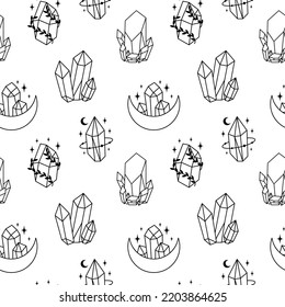 Set of Mystical line art esoteric crystals, gem stones, diamonds, jewelry minimalist seamless pattern. Boho astrology hand draw illustration. Magic doddle for T-shirts and bags, tatoo decor element