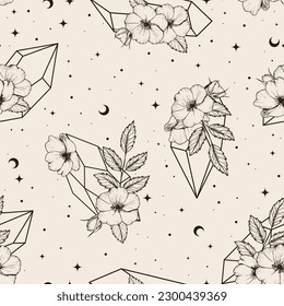 Conjunto de líneas místicas de cristales esotéricos, flores y media luna. Patrón sin foco. La astrología Boho ilustra a mano. Palo mágico para camisetas y bolsos, elemento decorativo de tatuajes
