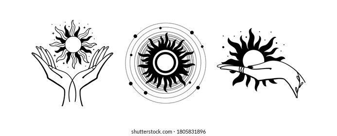 Set of mystical logos with the sun. The hand holds the sun. Set of vector drawings for boho dihain, astrology, horoscope. Black doodle illustration isolated on white background