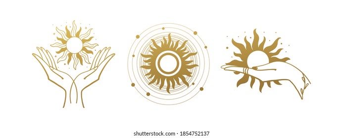 Set of mystical logos with the sun. The hand holds the sun. Set of vector drawings for boho dihain, astrology, horoscope. Black doodle illustration isolated on white background