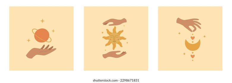Set of mystical logos with woman hands, sun, planet and moon. Template for boho design, astrology, horoscope. Vector illustration