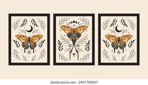 Set of mystical magic posters. Crescent, sun, stars, floral elements, moths. Boho illustration