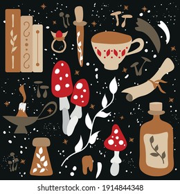 A set of mystical and magical elements. Vector illustration. Items for fortune telling and magic. Magic herbs, teeth, books, flasks, potions, amulets, scroll, candle, mushrooms. Witchcraft.