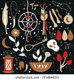 A set of mystical and magical elements. Vector illustration. Items for fortune telling and magic. Magic herbs, bones, skulls, flasks, potions, amulets, dream catcher, stones, mushrooms. Witchcraft.