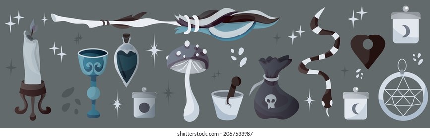 A set of mystical and magical elements. Vector illustration. Items for divination and magic. Mushrooms, broom, candles, potions, . A symbol of witchcraft. Suitable for banner, poster, postcards.