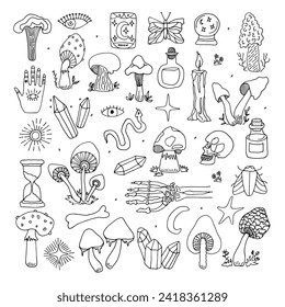 Un conjunto de elementos místicos y mágicos. Artículos de brujería. Doodle. Ilustración vectorial. Dibujado a mano. Esquema.