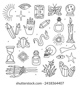 A set of mystical and magical elements. Witchcraft items. Doodle. Vector illustration. Hand drawn. Outline.