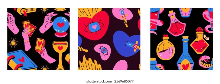 A set of mystical and magical patterns.
Seamless pattern with potions, crystal ball and tarot, hearts. 