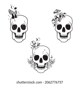  Set mystical mushroom skull isolated clipart bundle, creepy floral boho skull. Mushroom human skull set, horror halloween black and white vector illustration
