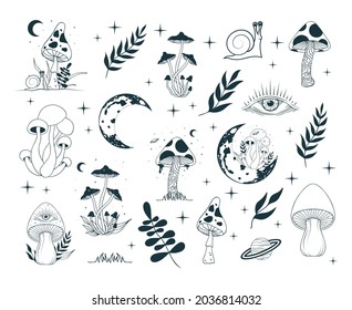 Set with mystical mushrooms, leaves, floral elements. Celestial fungi with moon and stars. Witchy spiritual doodle.