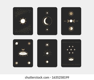 Set of mystical and mysterious hand drawn illustrations. Card templates in Minimalistic style. Outer space, moon, sun system symbols. Vector posters.