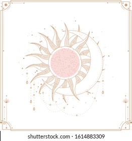 Set of mystical and mysterious illustrations in hand drawn style.  Minimalistic objects made in the style.  boho style signs and symbols. outer space, moon, sun system. vector.