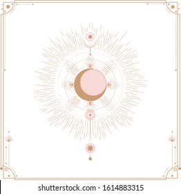 Set of mystical and mysterious illustrations in hand drawn style.  Minimalistic objects made in the style.  boho style signs and symbols. outer space, moon, sun system. vector.
