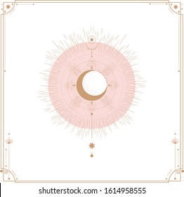 Set of mystical and mysterious illustrations in hand drawn style.  Minimalistic objects made in the style.  boho style signs and symbols. outer space, moon, sun system. vector.