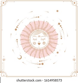 Set of mystical and mysterious illustrations in hand drawn style.  Minimalistic objects made in the style.  boho style signs and symbols. outer space, moon, sun system. vector.