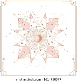 Set of mystical and mysterious illustrations in hand drawn style.  Minimalistic objects made in the style.  boho style signs and symbols. outer space, moon, sun system. vector.
