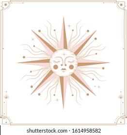 Set of mystical and mysterious illustrations in hand drawn style.  Minimalistic objects made in the style.  boho style signs and symbols. outer space, moon, sun system. vector.