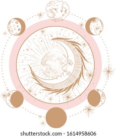 Set of mystical and mysterious illustrations in hand drawn style.  Minimalistic objects made in the style.  boho style signs and symbols. outer space, moon, sun system. vector.