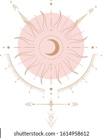 Set of mystical and mysterious illustrations in hand drawn style.  Minimalistic objects made in the style.  boho style signs and symbols. outer space, moon, sun system. vector.