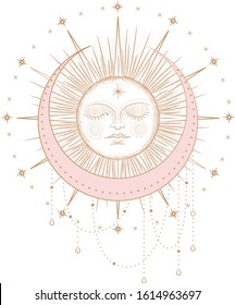 Set of mystical and mysterious illustrations in hand drawn style.  Minimalistic objects made in the style.  boho style signs and symbols. outer space, moon, sun system. vector.