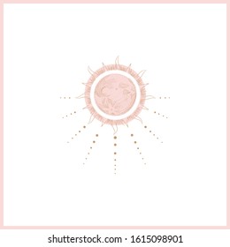 Set of mystical and mysterious illustrations in hand drawn style.  Minimalistic objects made in the style.  boho style signs and symbols. outer space, moon, sun system. vector.