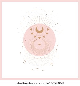Set of mystical and mysterious illustrations in hand drawn style.  Minimalistic objects made in the style.  boho style signs and symbols. outer space, moon, sun system. vector.