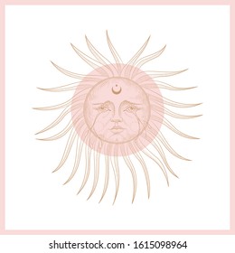 Set of mystical and mysterious illustrations in hand drawn style.  Minimalistic objects made in the style.  boho style signs and symbols. outer space, moon, sun system. vector.