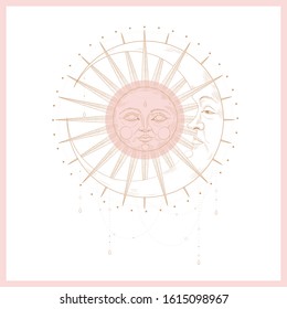 Set of mystical and mysterious illustrations in hand drawn style.  Minimalistic objects made in the style.  boho style signs and symbols. outer space, moon, sun system. vector.