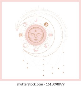 Set of mystical and mysterious illustrations in hand drawn style.  Minimalistic objects made in the style.  boho style signs and symbols. outer space, moon, sun system. vector.