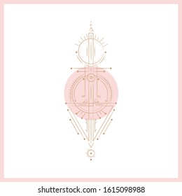 Set of mystical and mysterious illustrations in hand drawn style.  Minimalistic objects made in the style.  boho style signs and symbols. outer space, moon, sun system. vector.