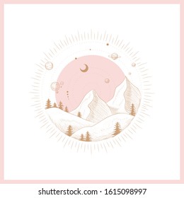 Set of mystical and mysterious illustrations in hand drawn style.  Minimalistic objects made in the style.  boho style signs and symbols. outer space, moon, sun system. vector.