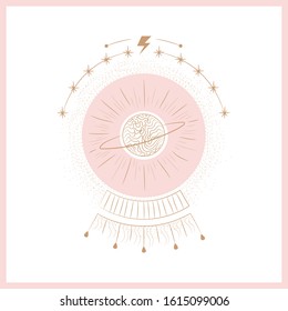 Set of mystical and mysterious illustrations in hand drawn style.  Minimalistic objects made in the style.  boho style signs and symbols. outer space, moon, sun system. vector.