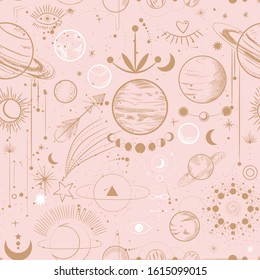 Set of mystical and mysterious illustrations in hand drawn style.  Minimalistic objects made in the style.  boho style signs and symbols. outer space, moon, sun system. vector.