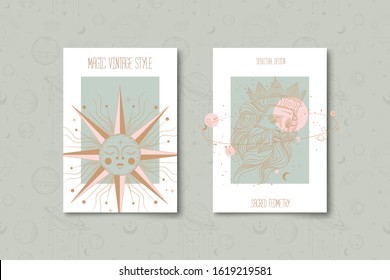Set of mystical and mysterious illustrations in hand drawn style.  Minimalistic objects made in the style.  boho style signs and symbols. outer space, moon, sun system. vector.