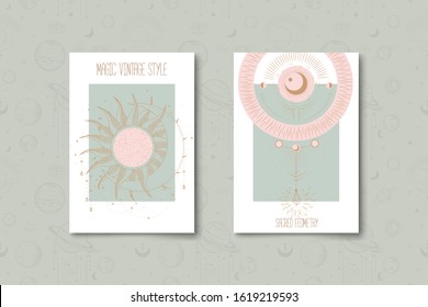 Set of mystical and mysterious illustrations in hand drawn style.  Minimalistic objects made in the style.  boho style signs and symbols. outer space, moon, sun system. vector.