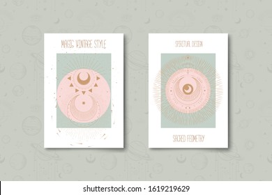 Set of mystical and mysterious illustrations in hand drawn style.  Minimalistic objects made in the style.  boho style signs and symbols. outer space, moon, sun system. vector.