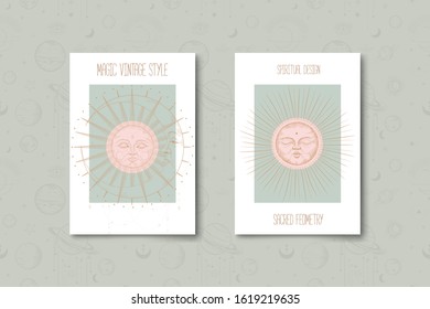 Set of mystical and mysterious illustrations in hand drawn style.  Minimalistic objects made in the style.  boho style signs and symbols. outer space, moon, sun system. vector.