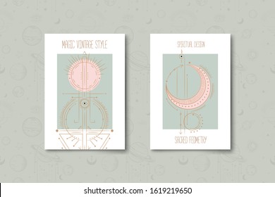 Set of mystical and mysterious illustrations in hand drawn style.  Minimalistic objects made in the style.  boho style signs and symbols. outer space, moon, sun system. vector.