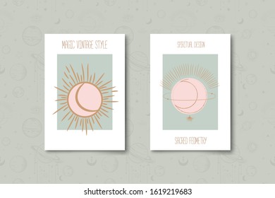 Set of mystical and mysterious illustrations in hand drawn style.  Minimalistic objects made in the style.  boho style signs and symbols. outer space, moon, sun system. vector.