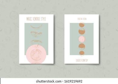 Set of mystical and mysterious illustrations in hand drawn style.  Minimalistic objects made in the style.  boho style signs and symbols. outer space, moon, sun system. vector.