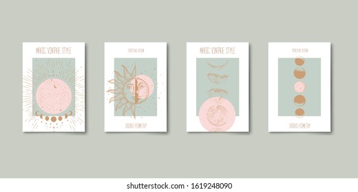 Set of mystical and mysterious illustrations in hand drawn style.  Minimalistic objects made in the style.  boho style signs and symbols. outer space, moon, sun system. vector.