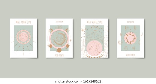 Set of mystical and mysterious illustrations in hand drawn style.  Minimalistic objects made in the style.  boho style signs and symbols. outer space, moon, sun system. vector.