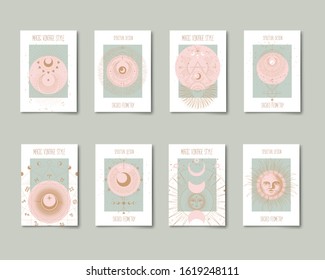 Set of mystical and mysterious illustrations in hand drawn style.  Minimalistic objects made in the style.  boho style signs and symbols. outer space, moon, sun system. vector.